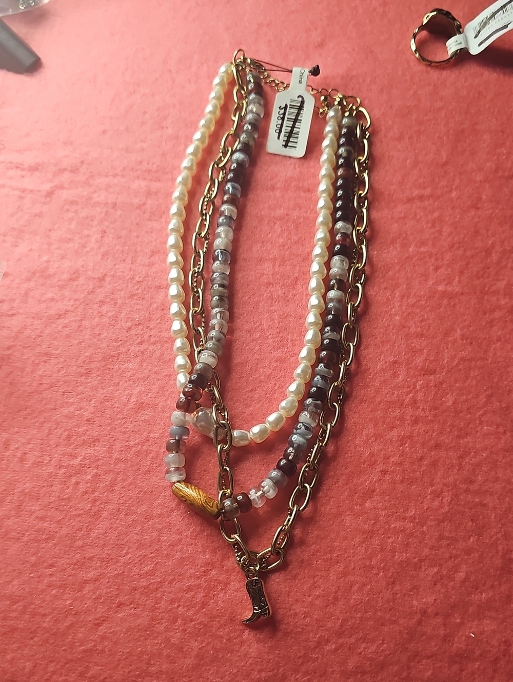 Multi-Strand Pearl and Beaded Gold Chain Necklace - White & Brown..NWT